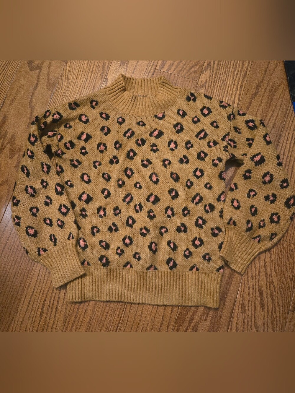 George Mustard Leopard Print Crewneck Sweater with Pink Accents 14/16
